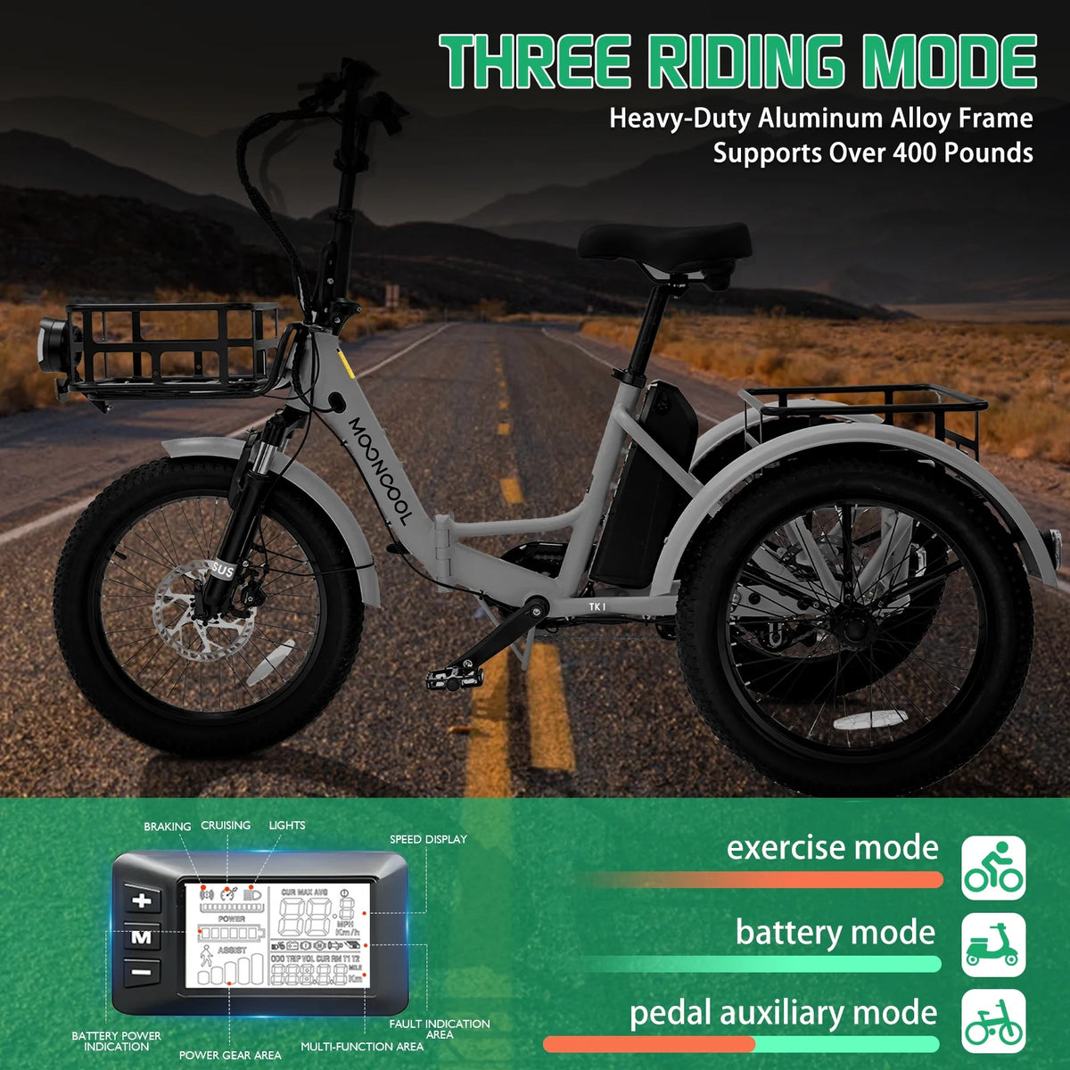 MOONCOOL TK1 Folding Electric Tricycle for Adults,48V 14.5Ah Removable battery, 500W��Peak 1000w��Motor, 20" Fat Tire Step-Thru 3Wheel Electric Bicycle w/Front&Rear Baskets, Certified to UL 2849 by SGS