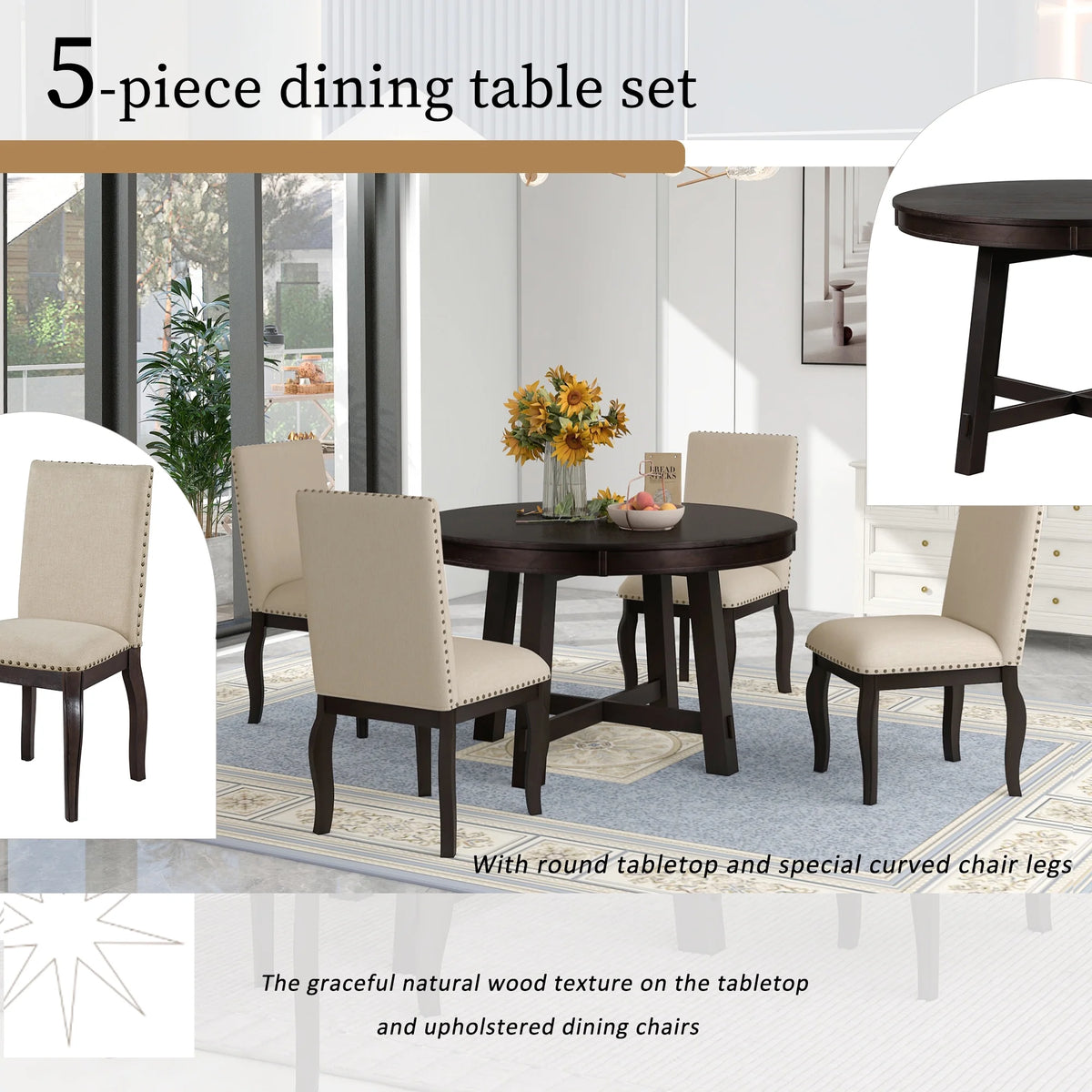 Harper & Bright Designs Round Extendable Dining Table Set for 4, 5 Piece Farmhouse Wood Dining Table Set with 4 Upholstered Dining Chairs, Natural Wood Wash