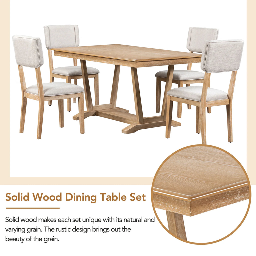 5 Piece Dining Table Set, Atumon Dining Table Set for 4, Wood Dining Room Set with 1 Table and 4 Upholstered Chairs, Farmhouse Dining Table Set for Kitchen Dining Room Apartment, Natural