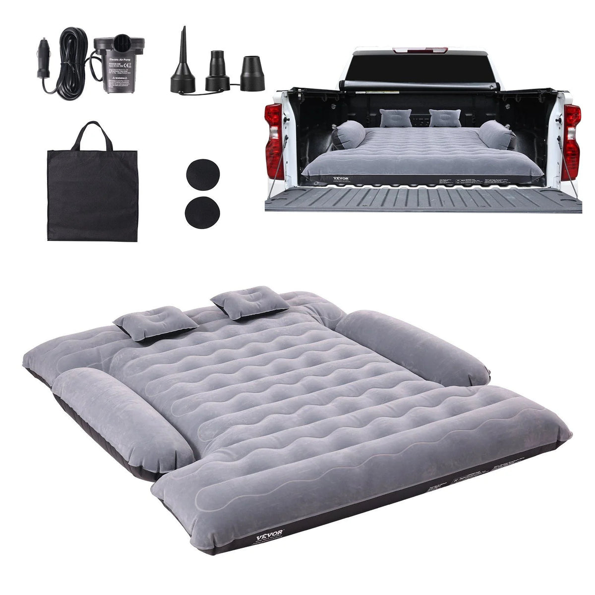 Truck Bed Air Mattress, for 6-6.5 ft Full Size Truck Beds, Carry Bag, for Chevrolet Silverado, Dodge Ram, Inflatable Air Mattress Camping Bed with 12V Air Pump 2 Pillows, Ford 150/250/350