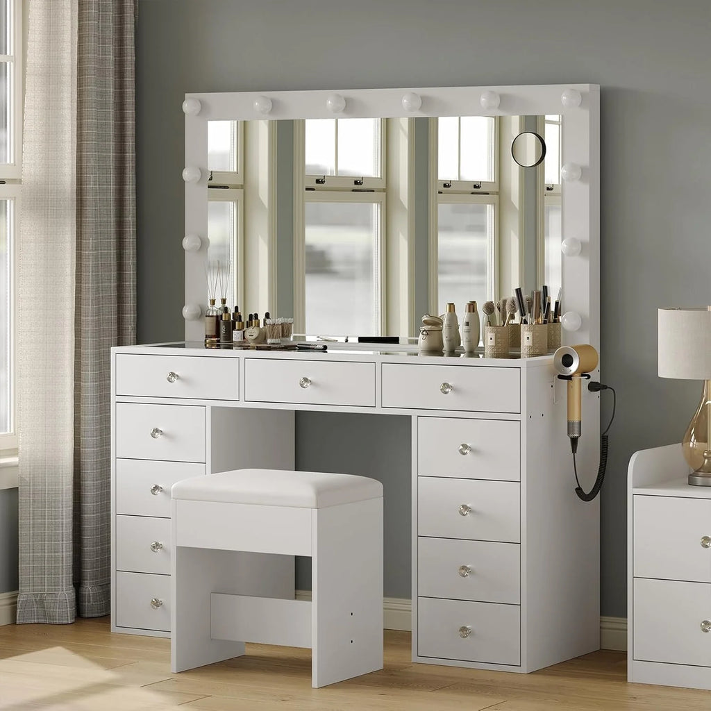 White Vanity Desk with Illuminated Mirror & Power Outlet, 11 Drawers Vanity Table with Chair, Makeup Vanity with 12 LED Lights, Tempered Glass Top, Dressing Table for Bedroom,Dressing Room