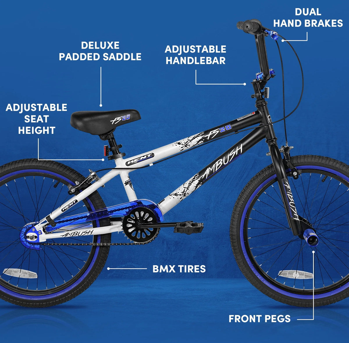 Kent Bicycles 20" Boy's Ambush BMX Child Bike, Black/Blue