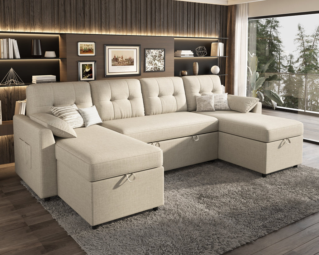 VANACC Sectional Sofa Bed with Storage and Soft Seat ,Reversible Pull Out Couch for Living Room,Beige