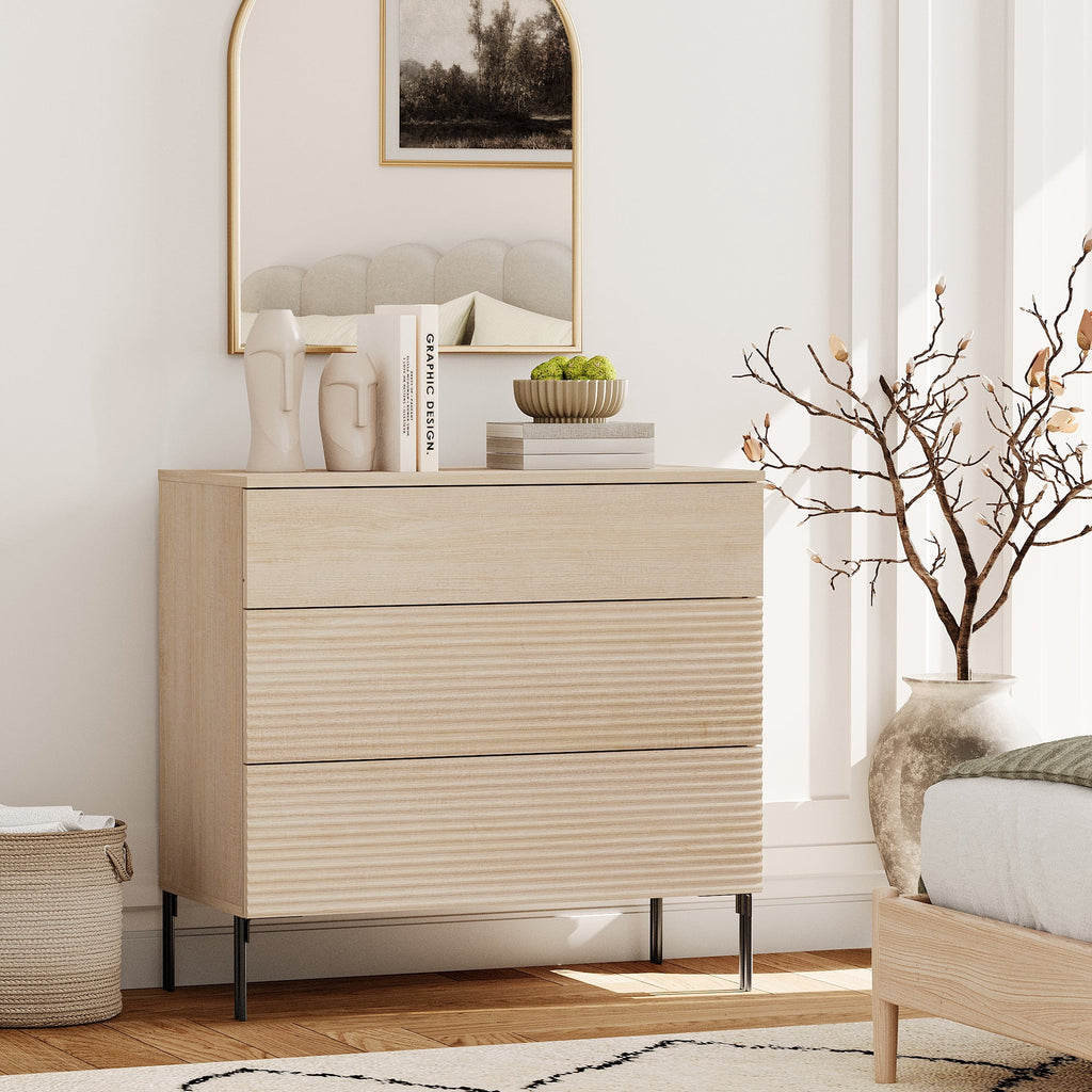 Modern Minimalist Wood Nightstand with 3 Drawers ,31.5" Large End Table,Reeded Design Bedside Table for Bedroom, Living Room,Entryway