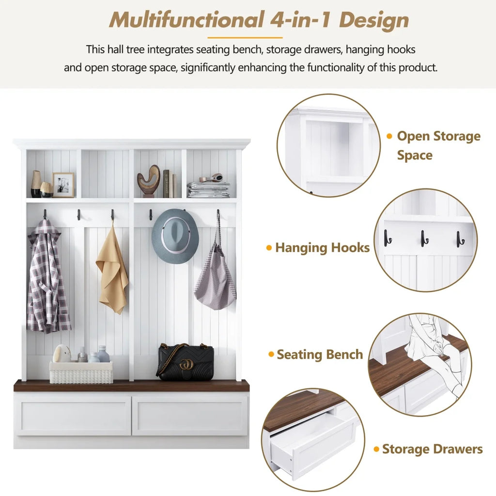 Farmhouse  4-in-1 Hall Tree with Wood Grain Bench, Mudroom Versatile Coat Rack with 2 Large Drawers, Large Entrance Organizer with 6 Black Hooks for Hallway, Living Room, White, 55.9"Wx75.6"H