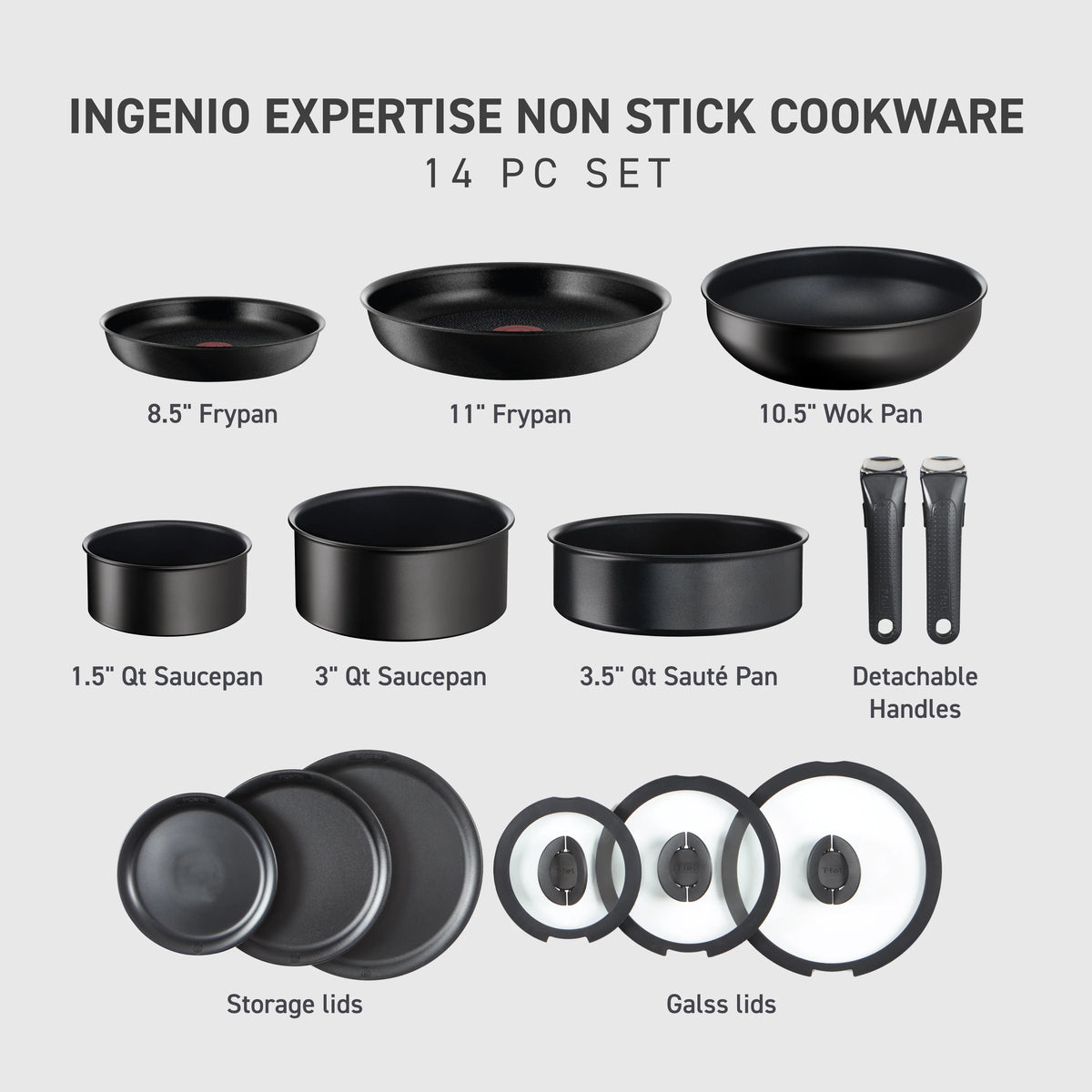 T-fal Ingenio Expertise Nonstick 14-Piece Cookware Set, Induction Oven Safe up to 500F, Detachable Handle, Onyx Black