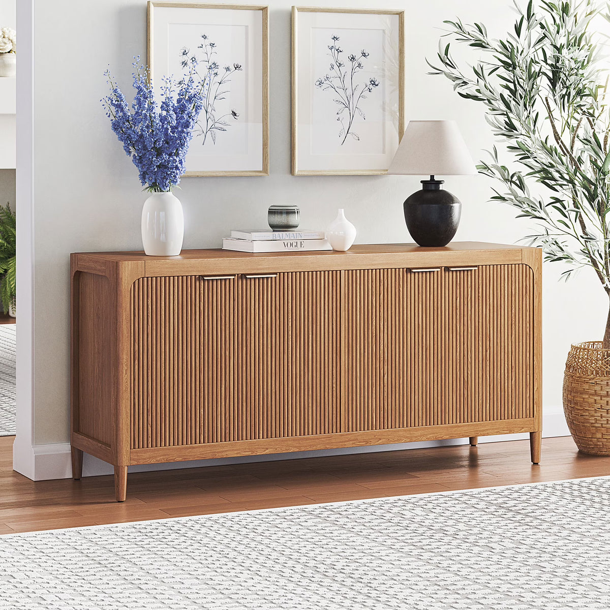 My Texas House Linden Fluted Buffet Cabinet Sideboard with Adjustable Shelves, Warm Brown