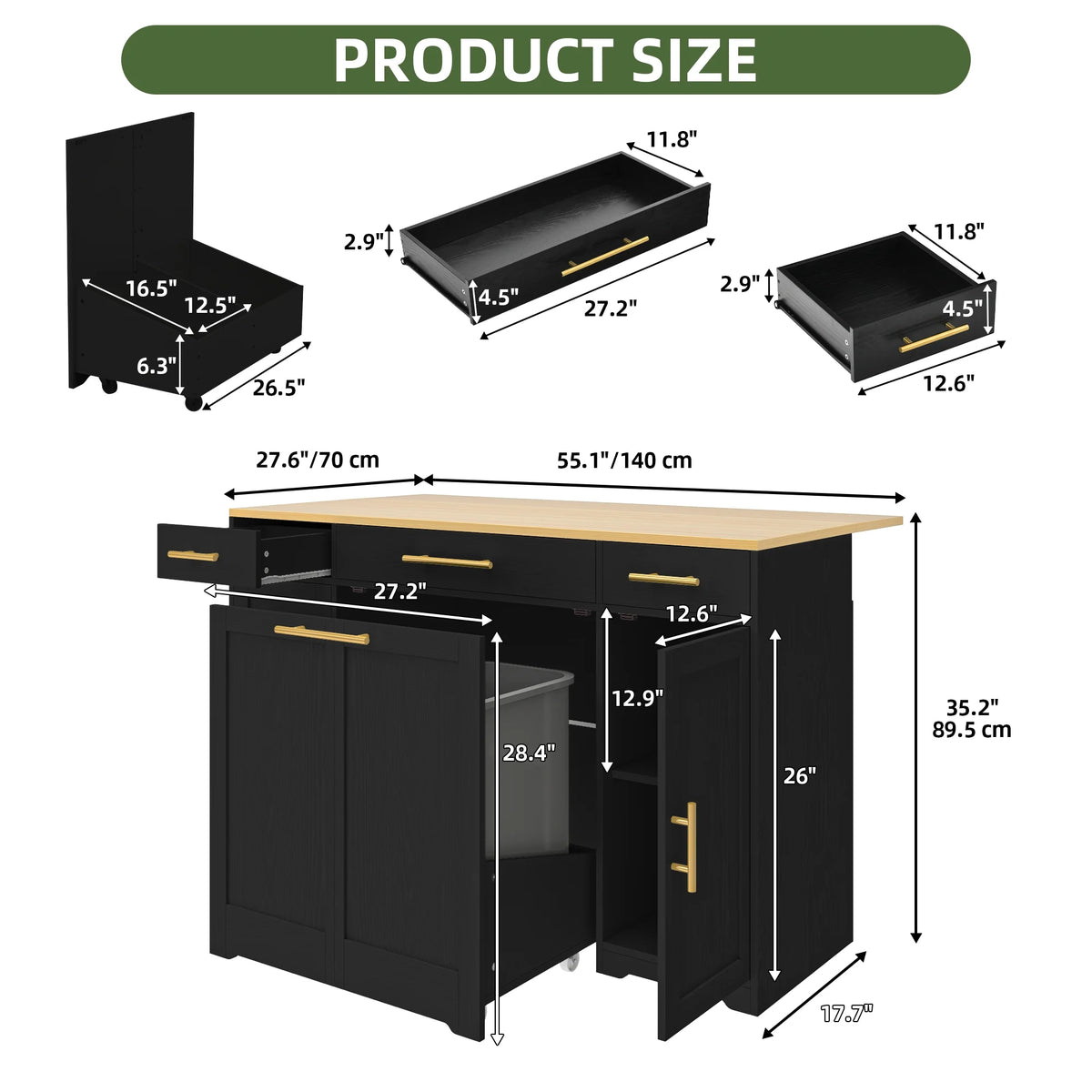 Uforic Kitchen Island with Drop Leaf & Wheels, Island Table with Trash Storage Cabinet, Black