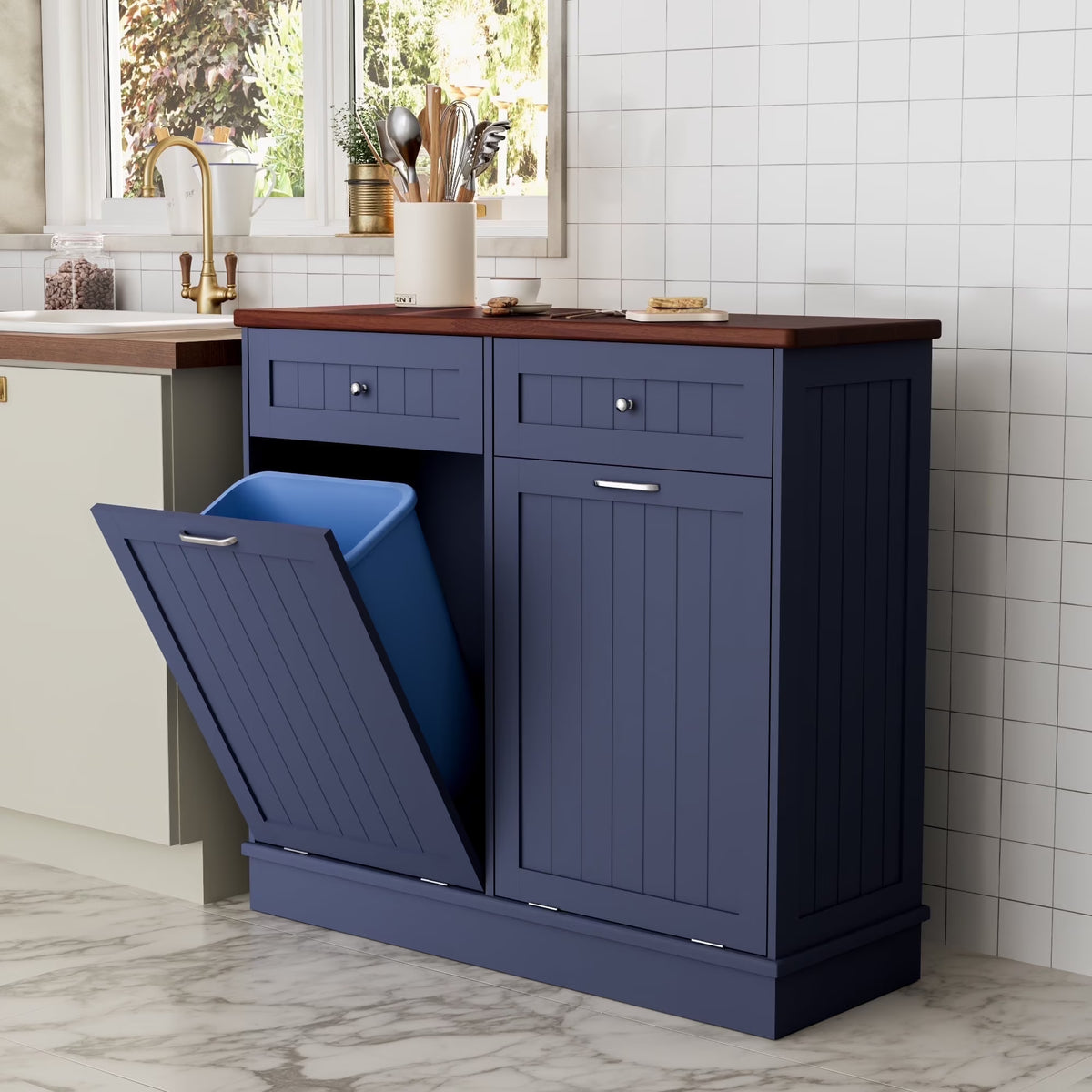 GETYES Double Tilt Out Trash Cabinet, Wooden Recycling Cabinet, 35.83 x 12.99 x 39.37 inches, White