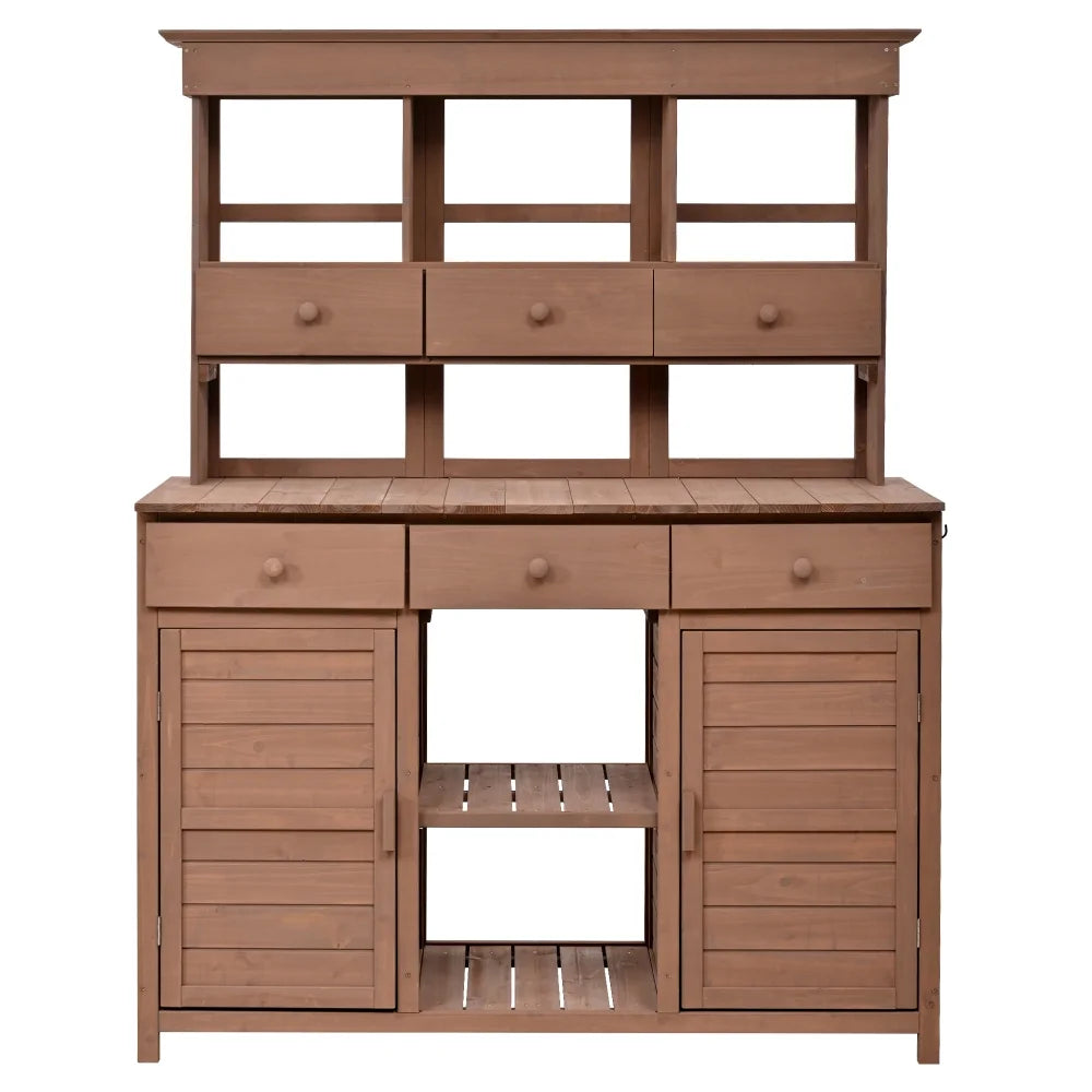 Rustic 65.7'' Tall Garden Potting Bench Table with Hutch, 3 Shelves, 6 Drawers, 2 Cabinets & 3 Side Hooks for Mudroom, Patio, 3 Color