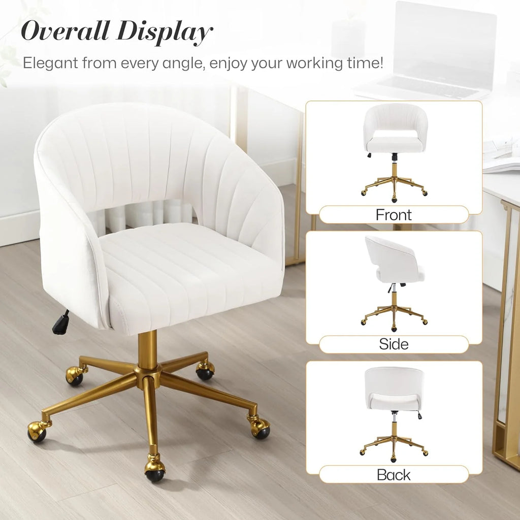 Home Office Swivel Desk Chair, Modern Velvet Vanity Chair, Height Adjustable Armchair with Gold Base, Ergonomic Office Chair for Task Study Computer Room, Beige