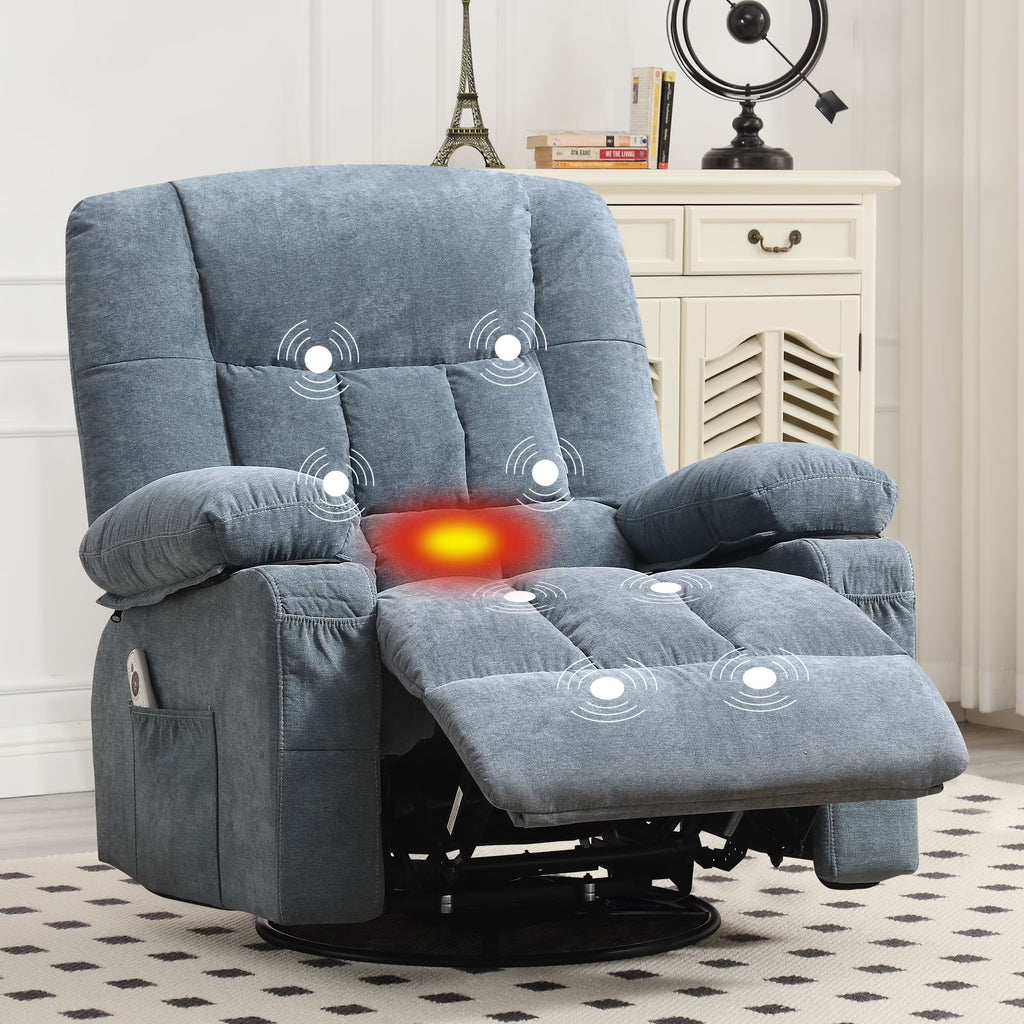 JONPONY Manual Recliner Chair with Heat Therapy and Massage Function, Heavy Duty Reclining Mechanism Massage Chair, Elderly Single Rocker Sofa with Cup Holders for Bedroom Home Theater,Blue