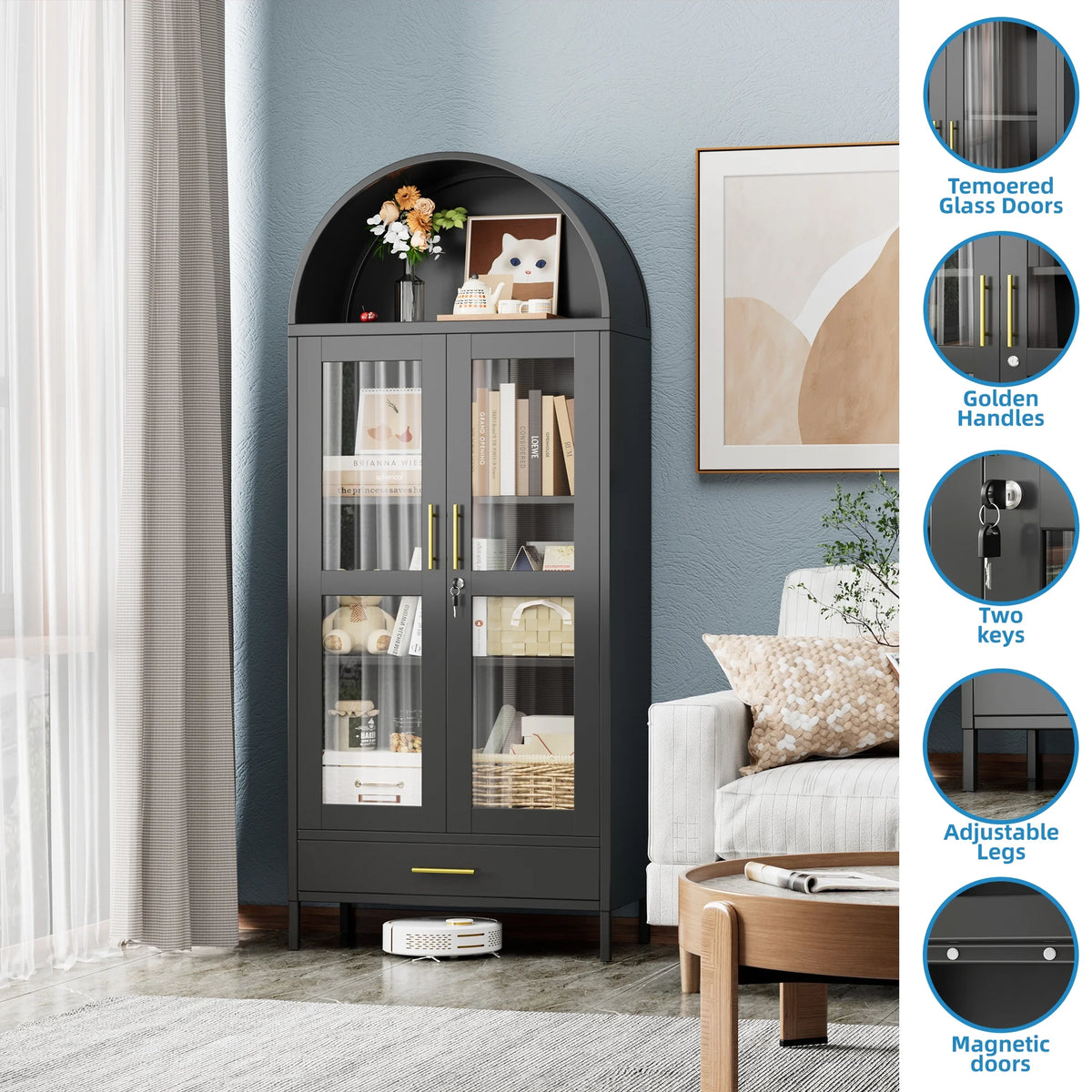 SUPEER Metal Arched Storage Display Cabinet with Glass Doors and Adjustable Shelves, Lockable Cabinet, Assembly Required, Black