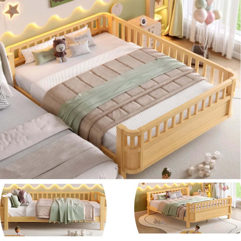 Bellemave Full Size Bed Frame, Full Montessori Bed with Safety Guardrails and Detachable Fence, Wood Full Daybed Frame, Low Profile & Rounded Corners Design, Natural