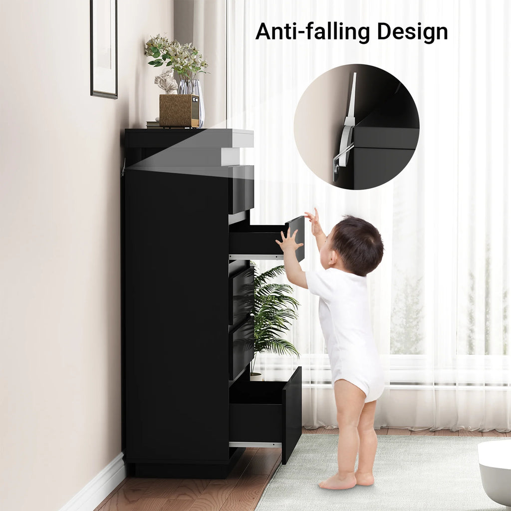 NEGYLIM 6 Drawer White Dresser, High Gloss Dresser with LED Light for Bedroom, Living Room, Hallway, Easy Assembly