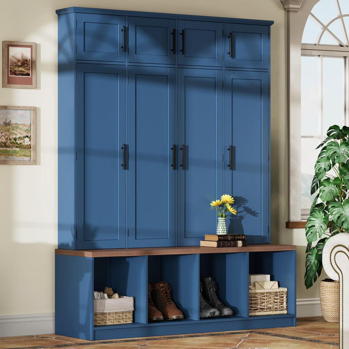Euroco Entryway Hall Tree with Bench, Shoe Storage, Coat Hooks & Cabinets �C Walnut Finish, Anti-Tip Design, Modern Mudroom Organizer