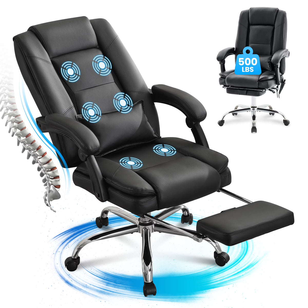JONPONY Big and Tall Office Chair 500LBS Executive Office Chair Massage and Footrest Ergonomic Computer Desk Chair Reclining High Back Leather Office Chair Lumbar Back Support Swivel Rolling,Black