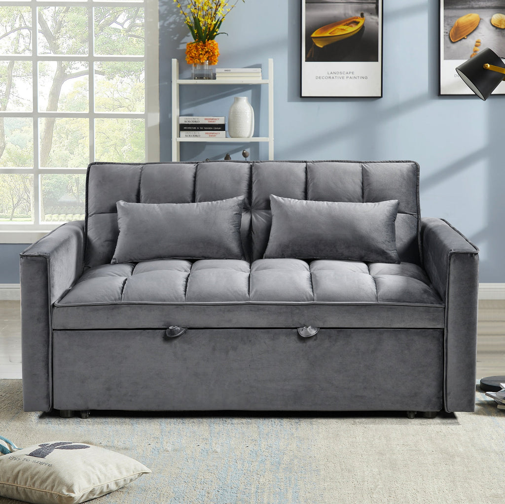 BINBANK Black Velvet 3-in-1 Convertible Sleeper Sofa Bed a?? USB Charging, Adjustable Backrest Pull-Out Futon Loveseat Couch for Living Room, Apartment & Small Space