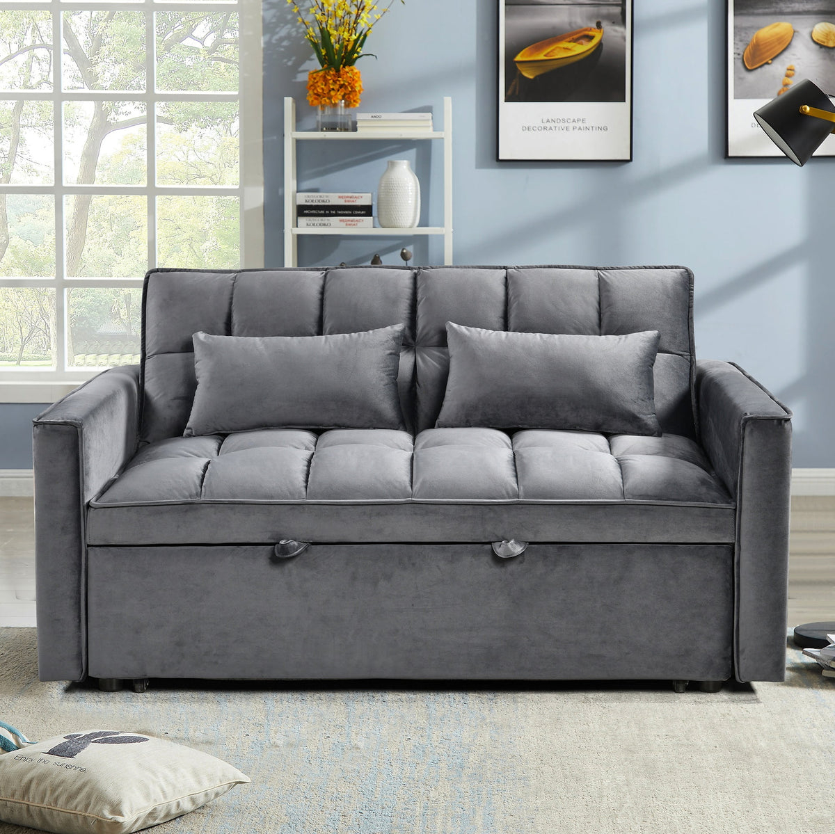 BINBANK Black Velvet 3-in-1 Convertible Sleeper Sofa Bed a?? USB Charging, Adjustable Backrest Pull-Out Futon Loveseat Couch for Living Room, Apartment & Small Space