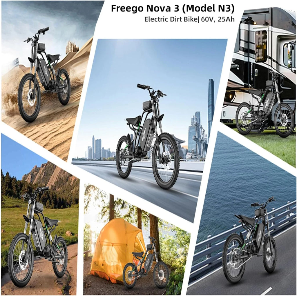 40MPH Electric Bicycle,Dual-Mode Electric Dirt Bike 3000W(Peak)Freego Nova3 Electric Motorcycle Bike for Adults,Mid-Drive Motor, 60V/25Ah Battery,17x3.15 Tire Full Suspension Hydraulic Brake