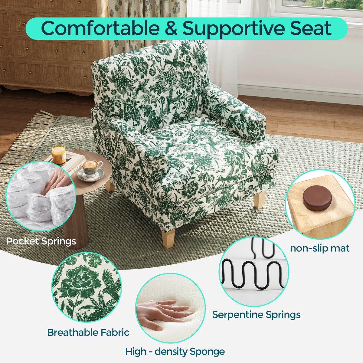 Linsy Home 30" Wide Traditional Tufted Upholstered Armchair Set of 2, Floral Accent Chair For Living Room, Bedroom, Reading, Green