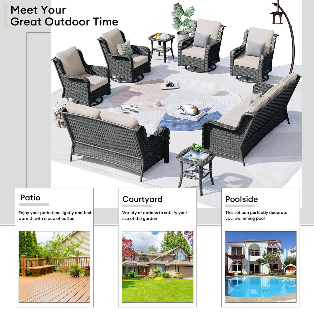 Ovios 8-Piece Wicker Outdoor Sectional Patio Set with Swivel Chairs and Loveseat, Gray