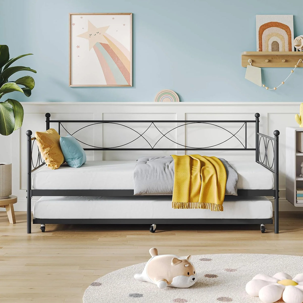 Senfot Twin Daybed with Trundle, Pull Out Trundle Day Bed, Twin Mattress Foundation with Metal Slats, Modern Sofa Bed for Living Room, Bedroom, and Guest Room, Black