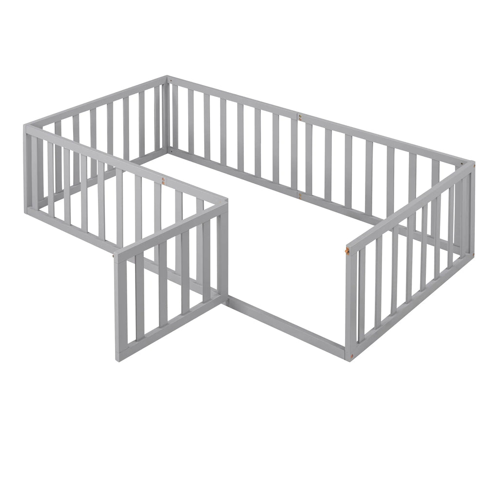 Wood Floor Bed with Fence and Door for Kids, Twin, Gray