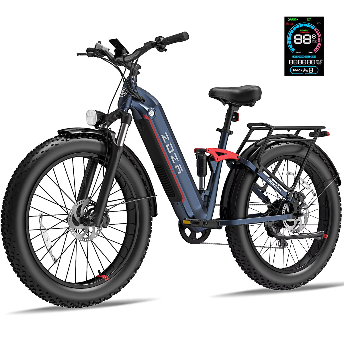 ZDZA Electric Bike for Adults, 26*4.0 Fat Tire 2000W Peak Motor 28MPH E-Mountain Bike, 48V 18Ah Off Road Ebike with Shelves, Dual Shock Absorbers UL2849