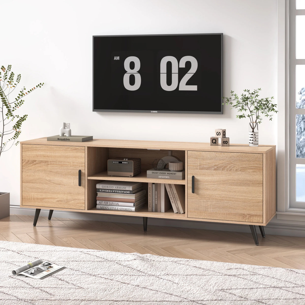 ChVans 70 Inch Mid Century Modern TV Stand for TVs up to 80 inches, Wood TV Stand with Storage, Entertainment Center for Living Room Bedroom, TV Media Console