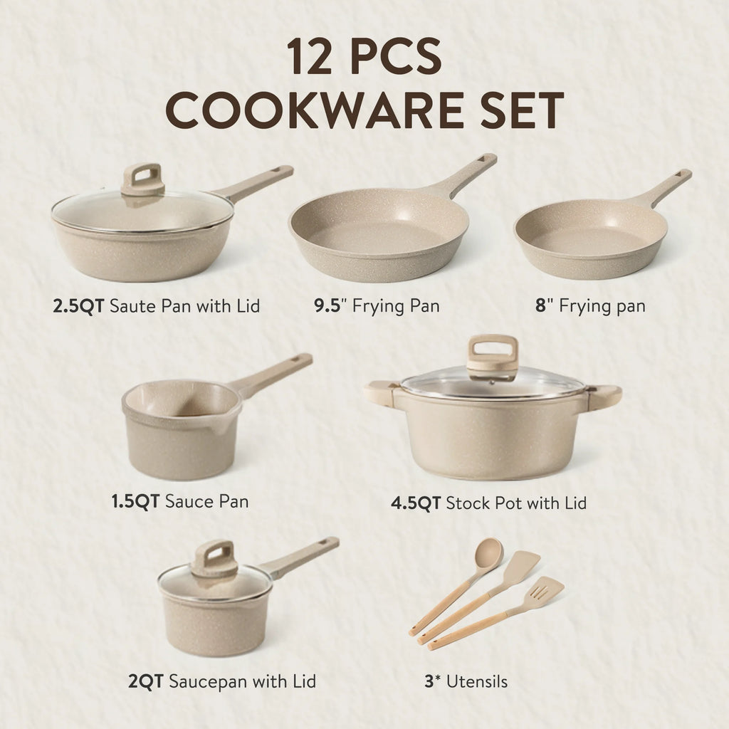 Carote 13 Pcs Nonstick Cookware Sets, Non Stick Pots and Pans Set, Induction Cookware, Taupe