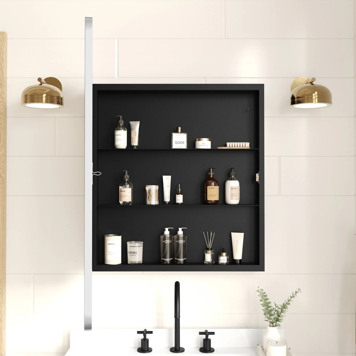 Merrick Lane 24" x 30" Reversible Bathroom Wall Medicine Cabinet with Rounded Rectangular Beveled Mirror and Black Metal Frame and Shelves