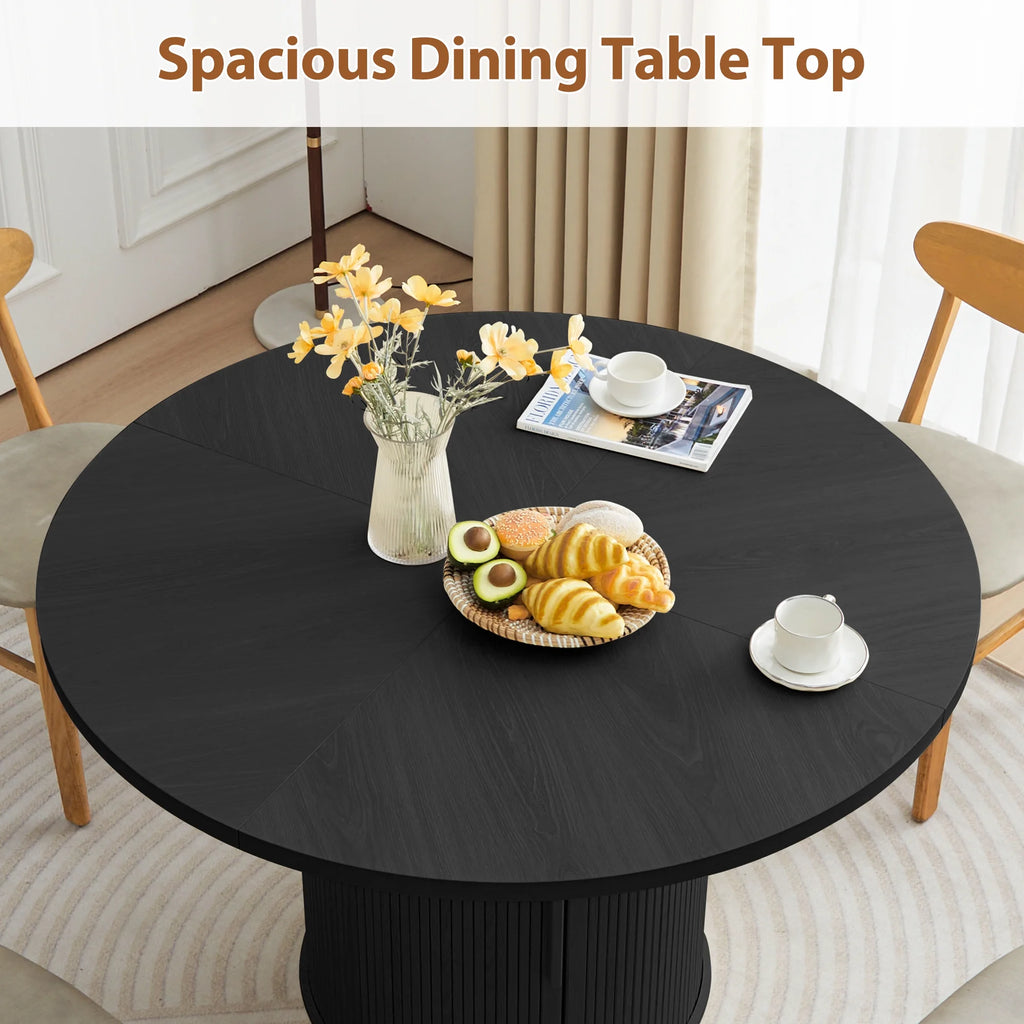 Wirrytor Round Dining Table, Modern Farmhouse Kitchen Table, 47 Inch Coffee Circle Dining Tables with Wood Strip Base for Kitchen Living Room, Black