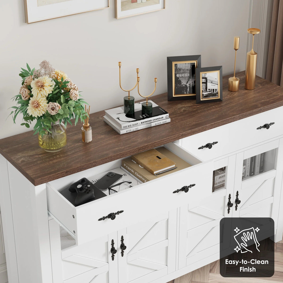 Homfa Farmhouse 55.1"WKitchen Buffet Cabinet with Storage Drawer & Adjustable Shelf, Glass Door Wood Sideboard Credenza Coffee Bar with for Dining Room Living Room, White & Black