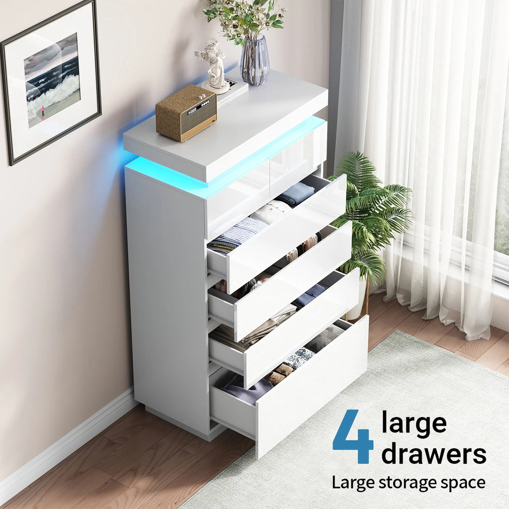 NEGYLIM 6 Drawer White Dresser, High Gloss Dresser with LED Light for Bedroom, Living Room, Hallway, Easy Assembly