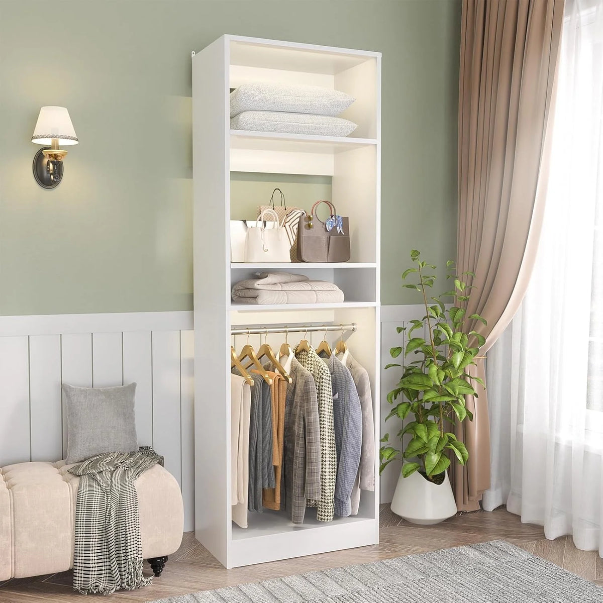 Homieasy 25�?Closet System, Freestanding Closet Organizer Wardrobe with Hanging Rods and Shelves, Adjustable Clothes Garment Rack, Sturdy Walk in Closet Tower, White