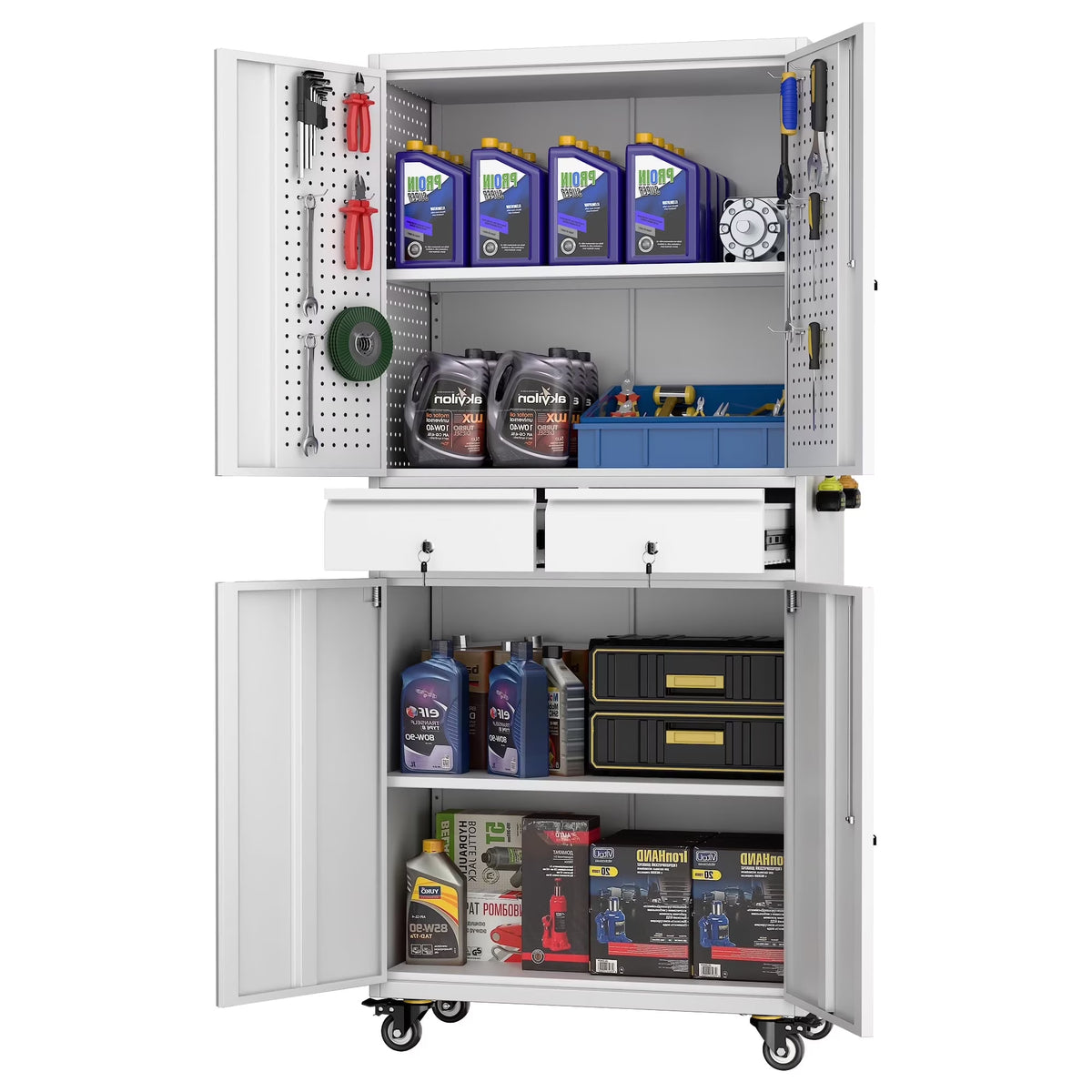 SUPEER 71" Metal Storage Cabinets with Wheels and Pegboards, Industrial Cabinet with 2 Drawers and 2 Adjustable Shelves,, Assembly Required