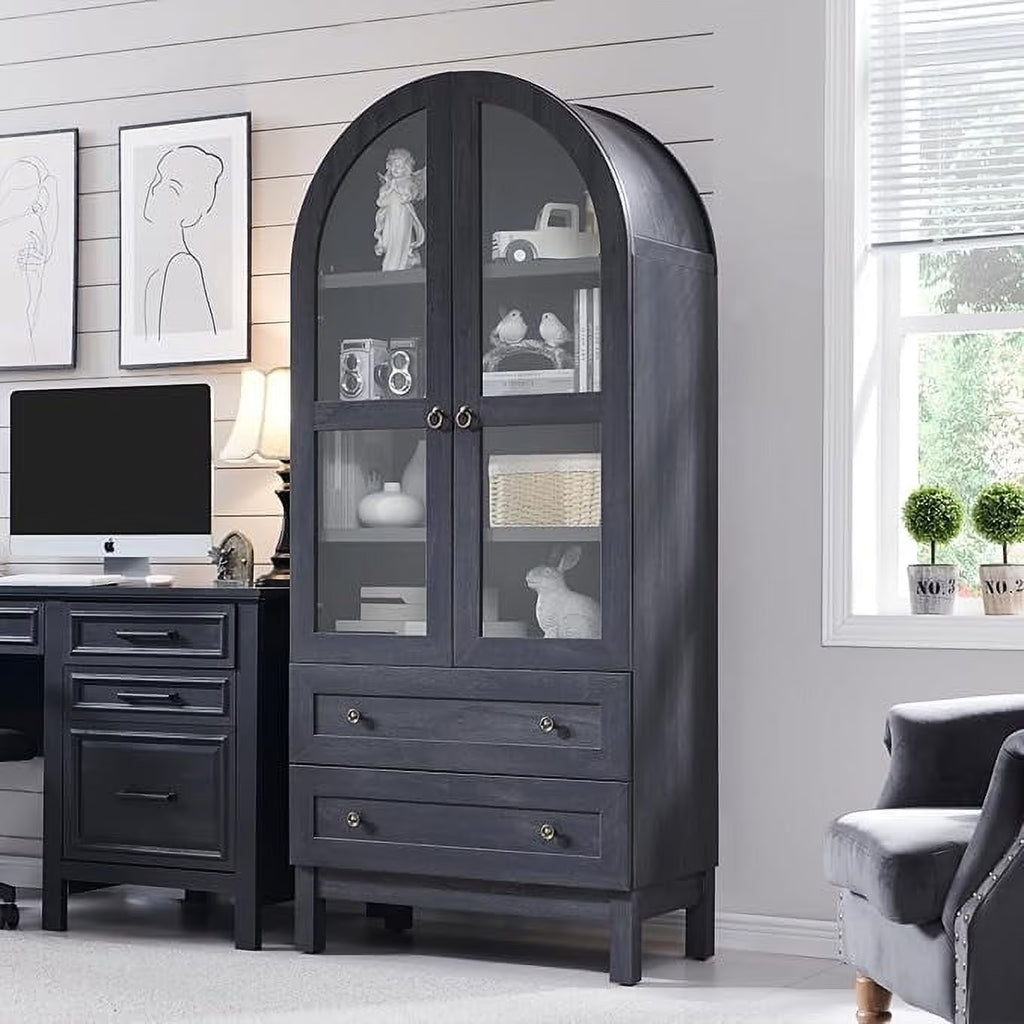 IFGET 71-Inch Arched 4-Tier Bookcase with Glass Doors and Drawers