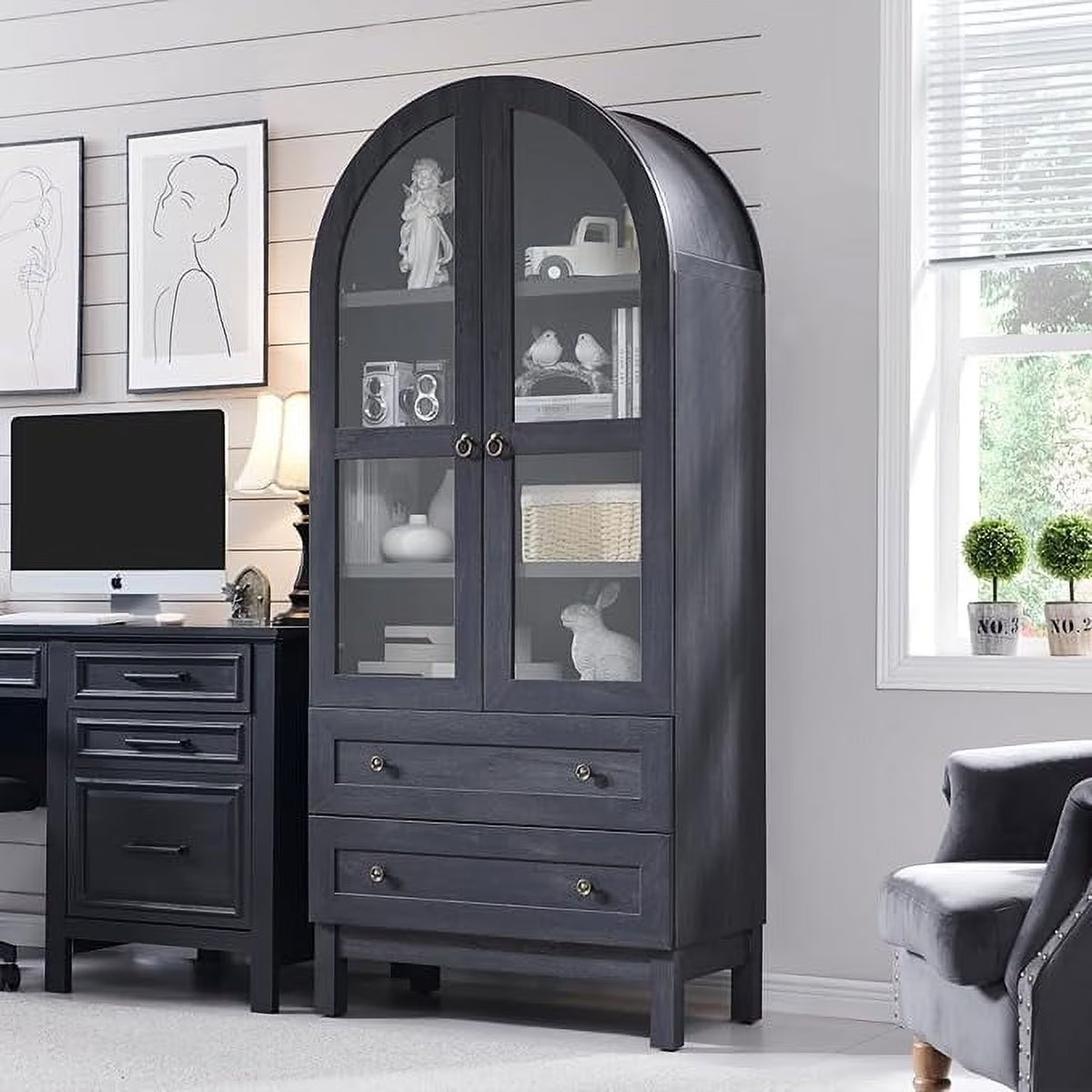 IFGET 71-Inch Arched 4-Tier Bookcase with Glass Doors and Drawers