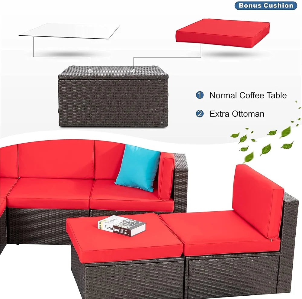7 Pieces Outdoor Patio Furniture Set, Outdoor Sectional Rattan Sofa, PE Manual Weaving Wicker Patio Conversation Set with Cushion, Glass Table, Pillow, Dark Gray