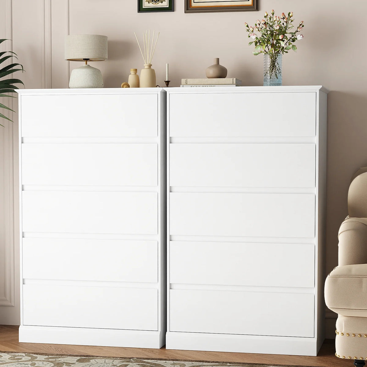 2 PCS  Dresser for Bedroom, 5 Drawer Dresser Black Chest of Drawers for Living Room Dressing Room Entryway -2PCS