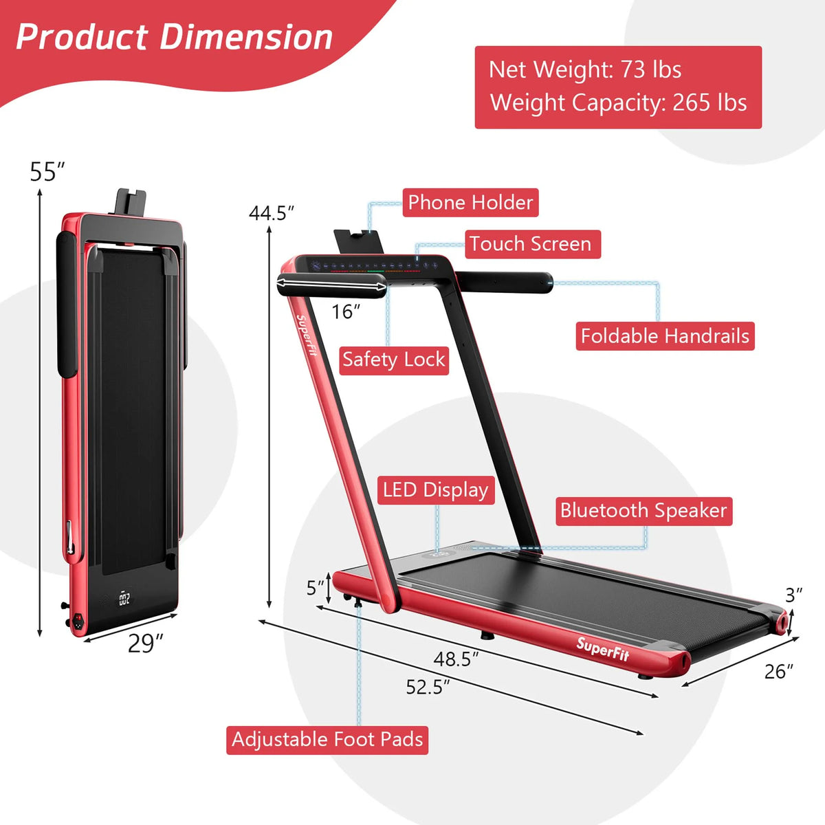 SuperFit Up To 7.5MPH 2.25HP 2 in 1 Dual Display Screen Treadmill Jogging Machine W/APP Control Silver