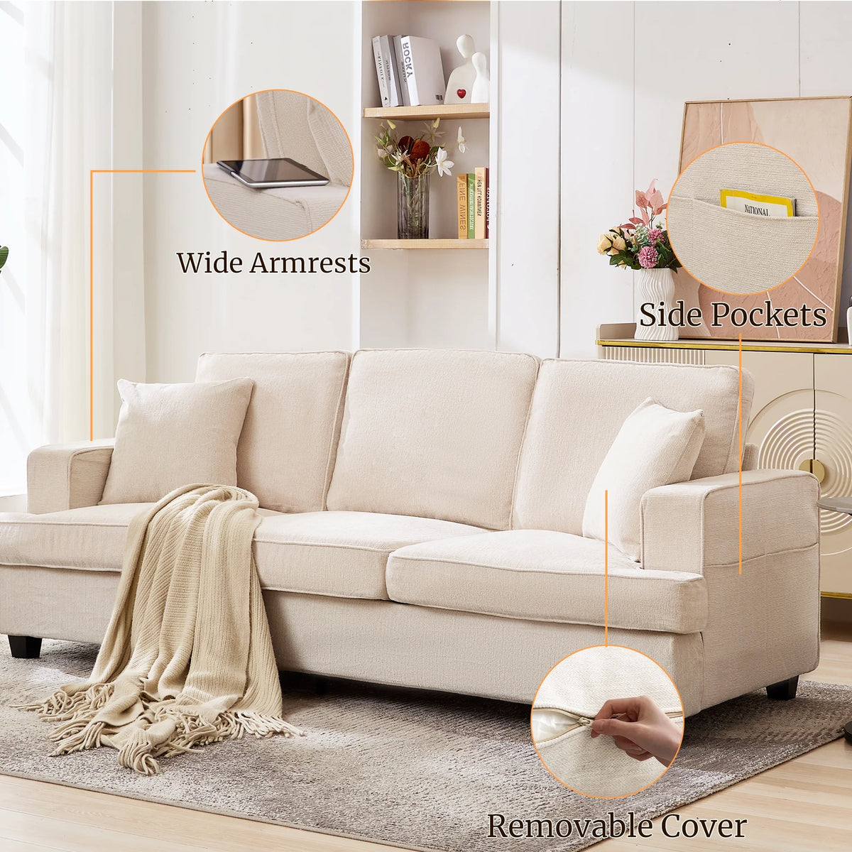 Korser 89" Chenille Sofa 3 Seater Couch with Extra Upholstered Deep Seats for Living Room,Removable Cover,Beige