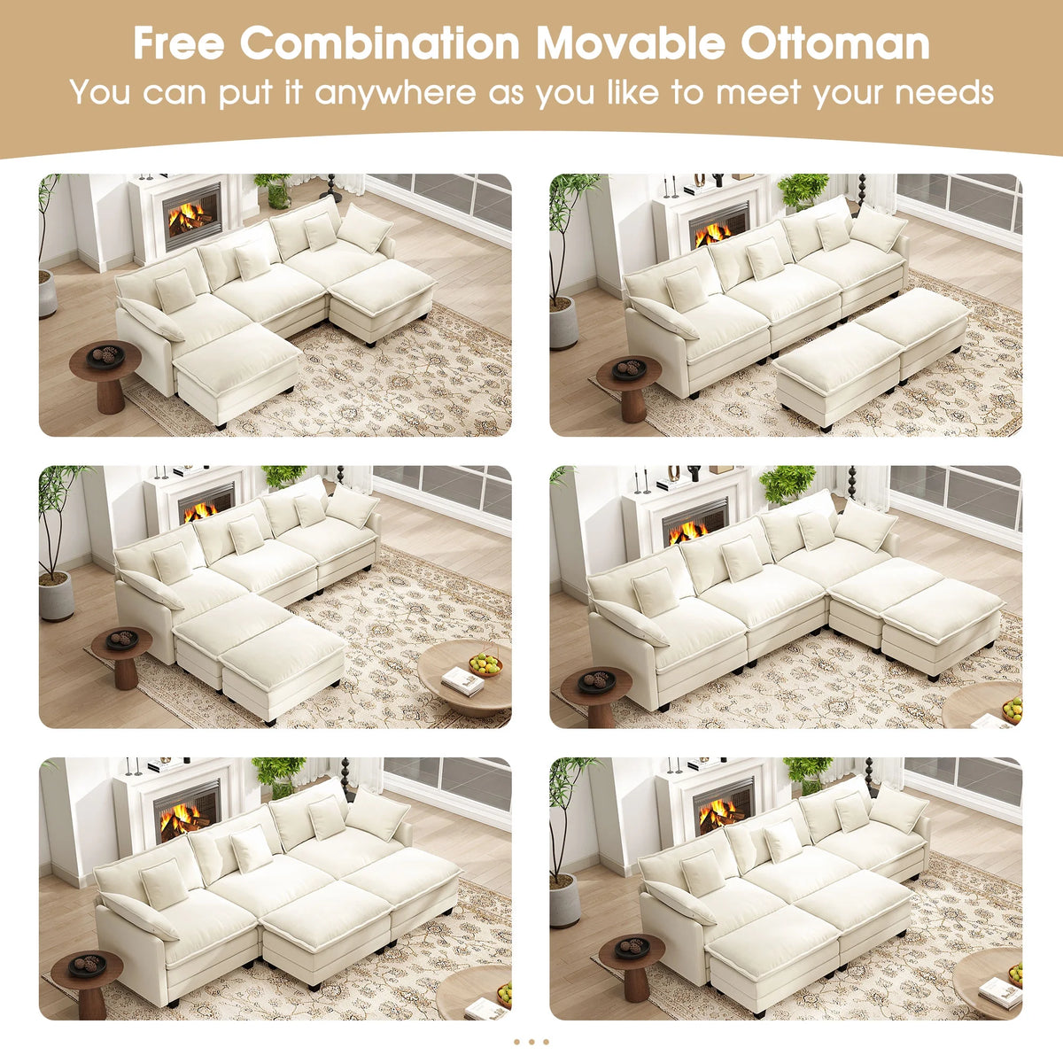 BedLuxury 111.5'' Modular Sectional Sofa with Movable Ottomans, U Shaped Cloud Couch for Living Room, 3-Seat, Beige