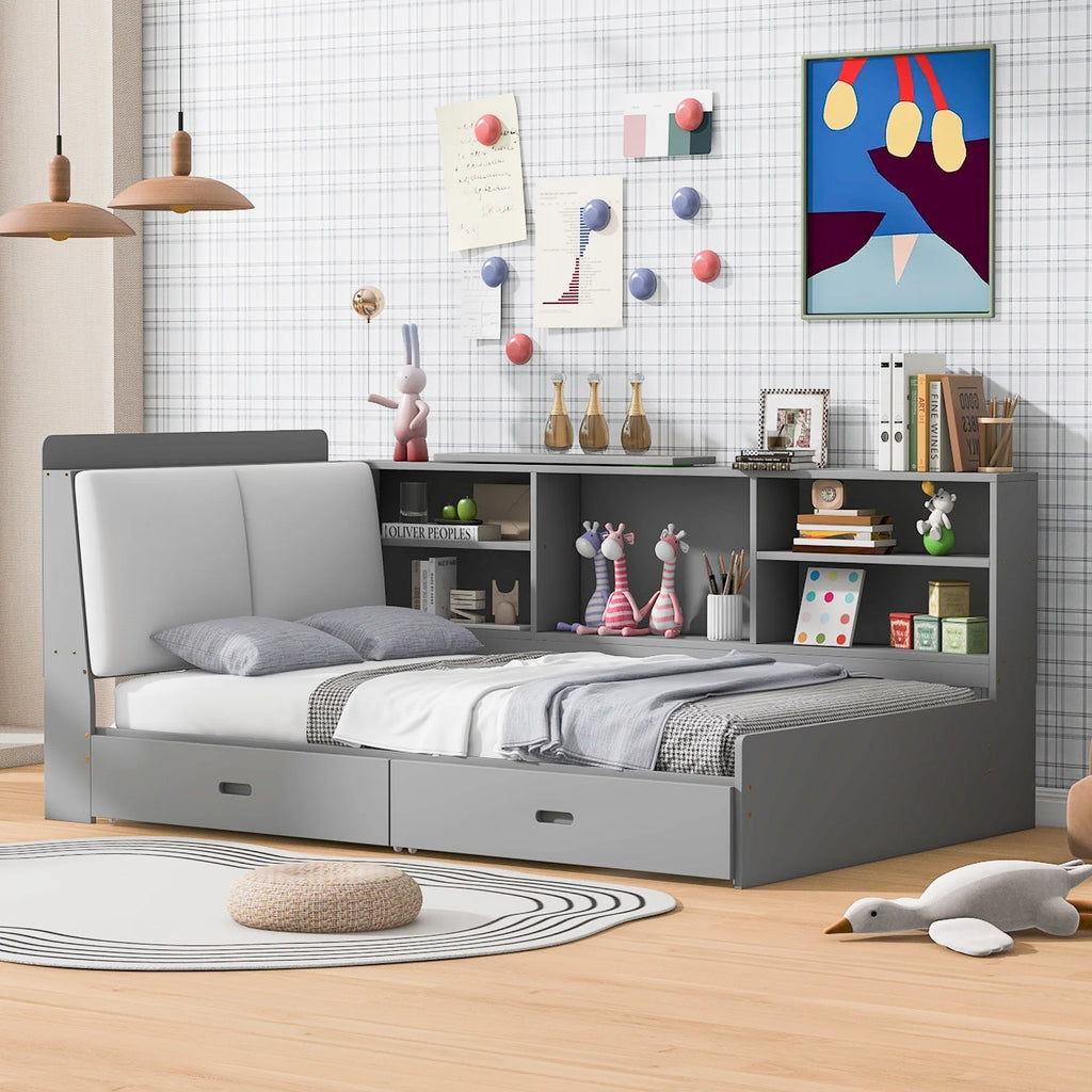 Euroco Wood Twin Size Platform Bed with Storage Headboard and Shelves, 2 Drawers Floor Bed for Kids, White