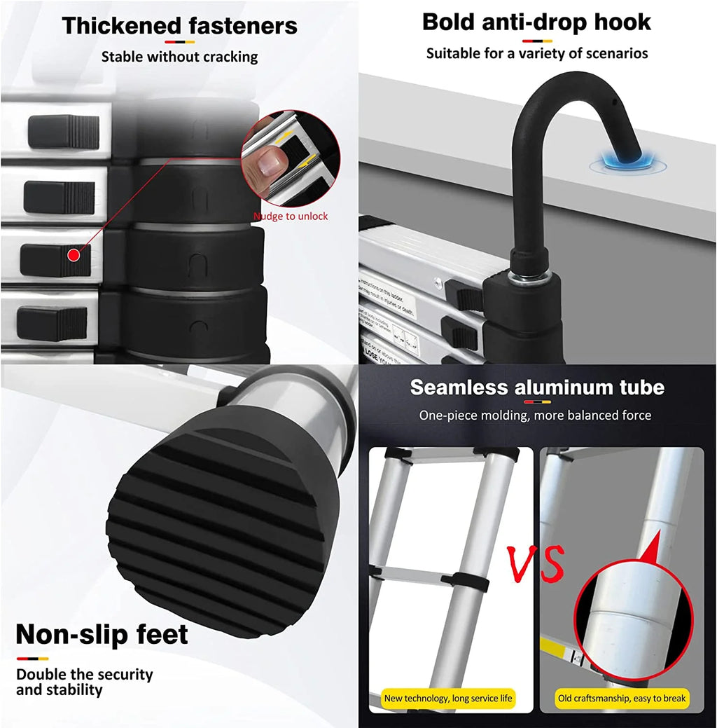 Jupiter Multi-Purpose Telescoping Extension Ladder with 2 Detachable Hooks, 20 ft, Aluminum Silver