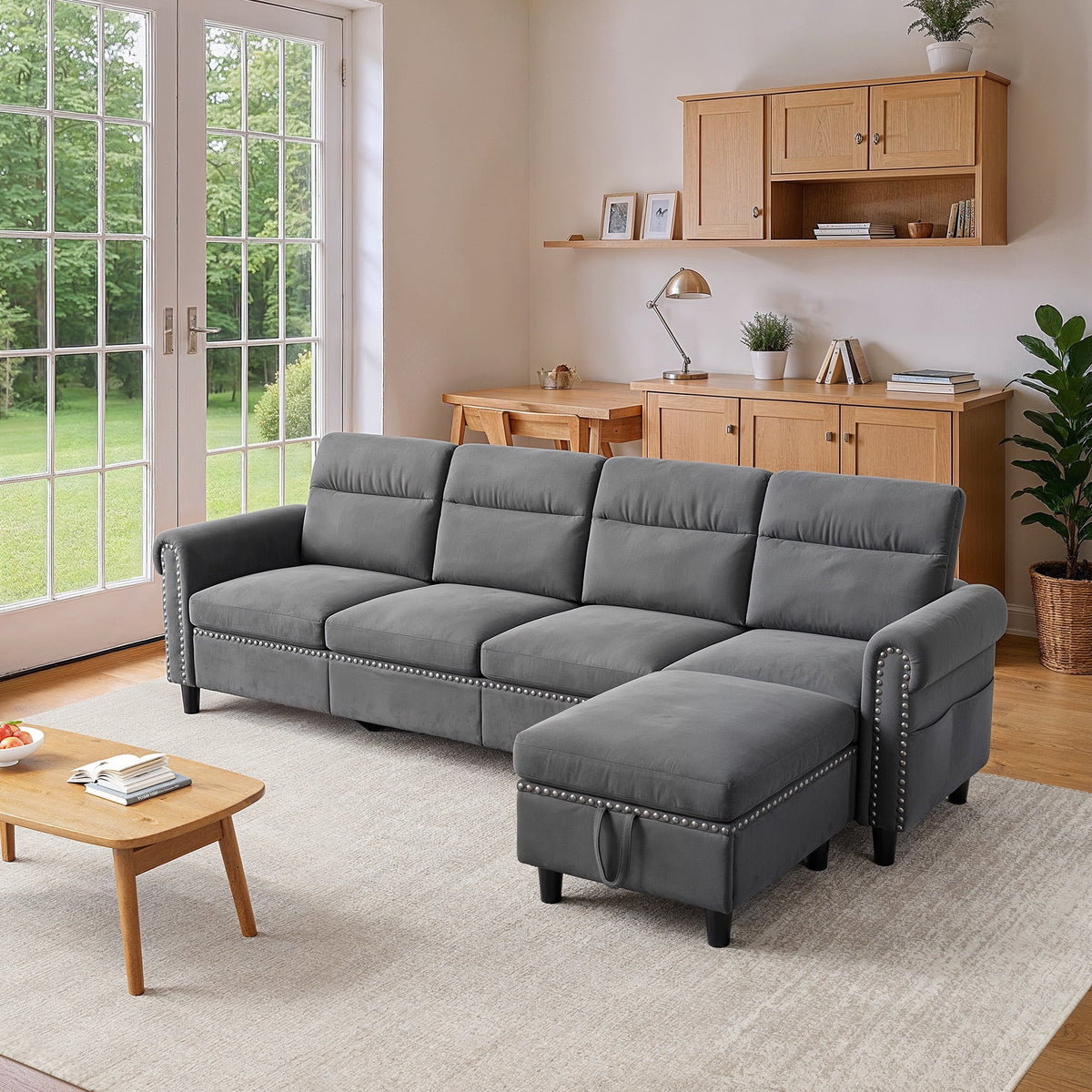 106" Modular Sectional Sofa Bed with Storage Ottoman, Lofka Modern Comfy Couches and Sofas with Side Pockets for Small Spaces, Living Room Furniture in Dark Gray
