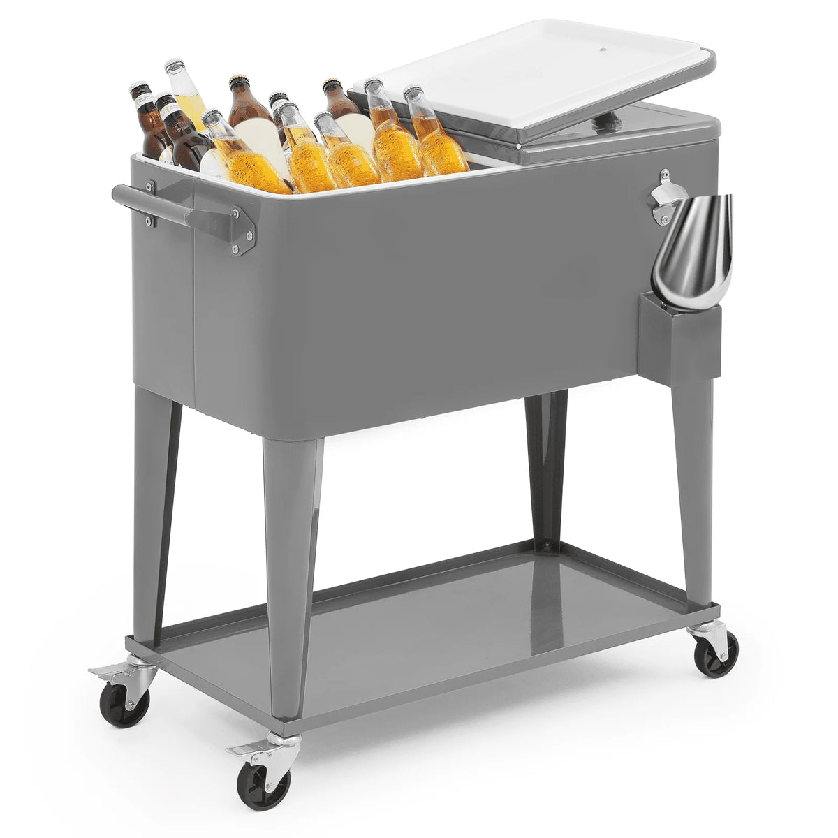 Magshion 80 Quart Rolling Cooler Ice Chest, Portable Bar Cold Drink Beverage Cart Tub, Backyard Cooler Trolley on Wheels with Ice Scoop, Catch Tray & Bottle Opener, Pink