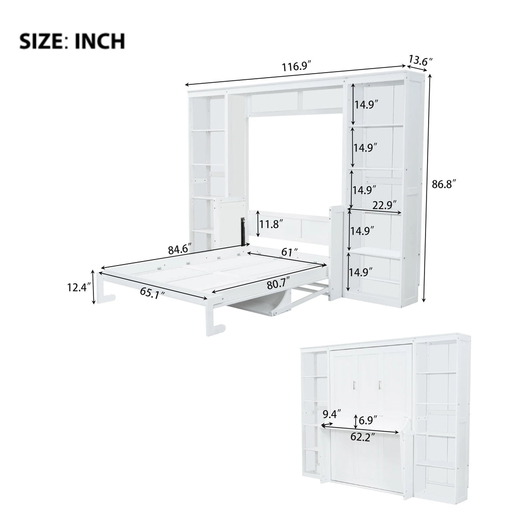 Euroco Wood Full Size Murphy Bed with Desk and Shelves, Space-Saving Wall Bed for Bedroom