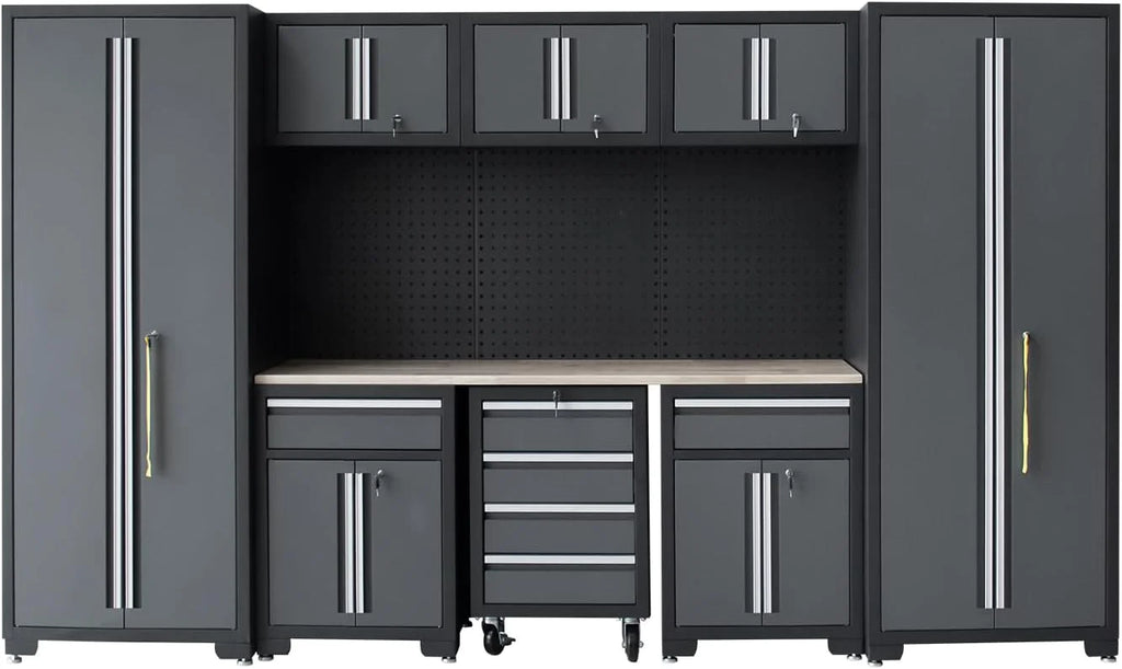HPDMC Garage Storage Cabinet System 9-Pcs Workshop Set Metal Garage Cabinets and Storage System with Steel Cabinet Drawers, Rolling Chest, Workbench, Pegboard for Garage Tool Organization